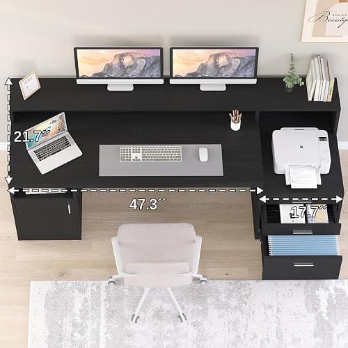 YOMILUVE Computer Desk with 3 Drawer & Storage Shelves, Home Office Desk with File Drawer & Cabinet, Writing Study Table with Long Monitor Stand & Printer Shelf, Executive Desk, Black thumbnail 4