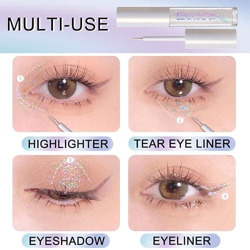 Erinde Liquid Glitter Eyeshadow Eyeliner, Korean Makeup Bling Under Eye Shadow, Shimmer Metallic, Lightweight Waterproof Long Wearing, Loose Glue for Sparkly Crystals Eye Makeup, Colorful Sequins thumbnail 7