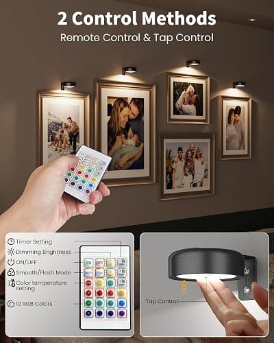 Picture Lights for Wall,2000mAh Rechargeable Magnetic LED Puck Lights with Remote,3 Color Temps and 12 RGB,Dimming & Timer,Wireless Art Frame Light for Painting Display, Photos, Wall Decor(3 Pack) thumbnail 7