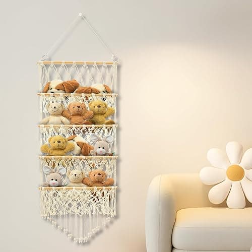 Sutowe 4-layer Versatile Plush Toy Storage Large Capacity Toy Organizer Safe Nursery Hanging Organizer Stable Stuffed Animals Holder for Kids Children Bedroom(Beige) - Image 1