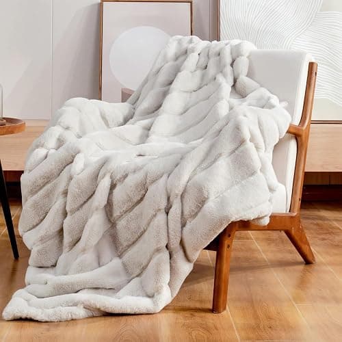 Cozy Bliss Faux Fur Throw Blanket for Couch, Cozy Soft Plush Thick Winter Blanket for Sofa Bedroom Living Room, 50 * 60 Inches Beige - Image 1