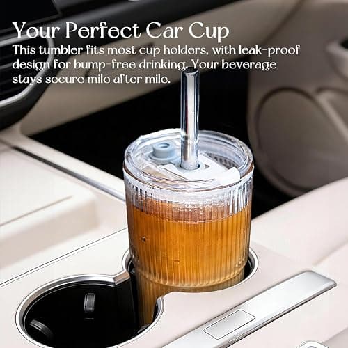 KEMORELA 20oz Ribbed Glass Tumblers with Bamboo Lids & Straws, Boba Cups | Stainless steel straws, bamboo & leak-proof dual lids. 13mm wide straw. Vintage. For boba, iced coffee, smoothies & travel. thumbnail 9