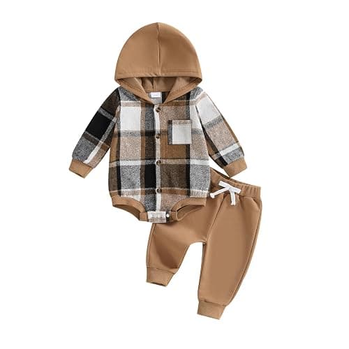 Douhoow Infant Baby Fall Clothes Boy Girl Plaid Hoodie Sweatshirt Romper Flannel Tops+ Sweatpants Festival Outfits - Image 1