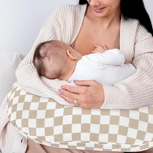 DILIMI Muslin Nursing Pillow Cover 2 Pack, Removable Nursing Cover for Breastfeeding Pillows, Ultra Soft Comfortable Slipcover for Baby Girl and Boy, Beige and Brown Checkered - Beige & Brown Checkered thumbnail 7
