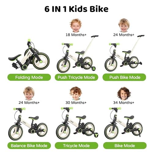 JMMD 6 in 1 Toddler Bike with Push Handle for Kids 18-60 Months, 12" Foldable Balance Bike with Training Wheels, Pedals, Brakes, Kickstand, Push Tricycle Toddler Gift & Toys for Boy & Girl thumbnail 2