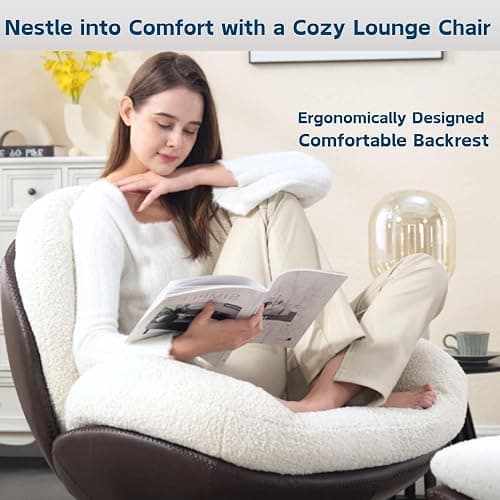 ZH4YOU Swivel Sherpa Accent Chair with Ottoman, Mid Century Modern Lounge Chair with Footrest, Comfy Reading Chair with 360 Degree Metal Base for Small Space/Living Room/Bedroom, White Fur thumbnail 4