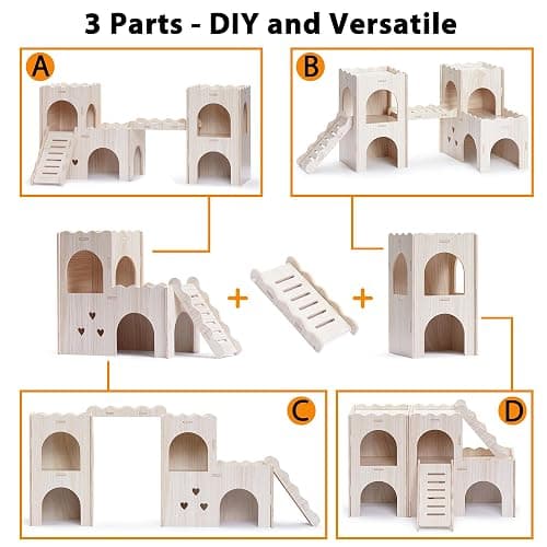 Jevnd Large Hamster Hideout, Wooden Double-Decker Castle with Climb Ladder | Multi Chamber Gerbil Habitat House, With Ladder, Bridge & Balcony, Offers Ample Space for Multiple Hamsters to Explore & Play thumbnail 4