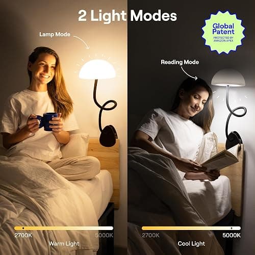 Shroommate Clip On Light and Bed Headboard Lamp, Bedside Table Lamp for Dorm, College Dorm Room Essentials, Night Light for Kids Nursery, Clip on for Desk, MultiColor LEDs, Adapter Included (Black) thumbnail 2