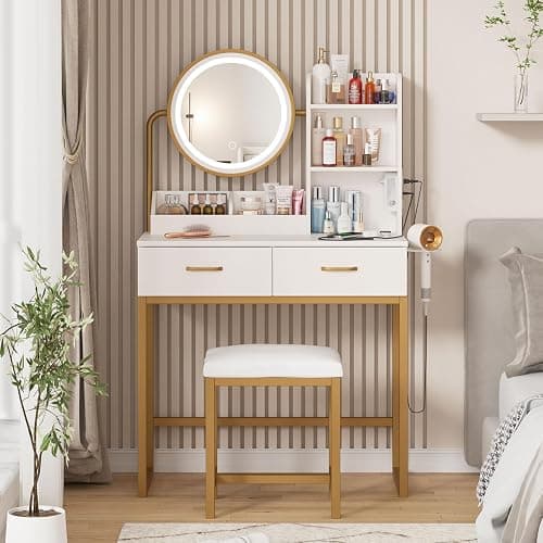 Vabches Makeup Vanity with Round Mirror and Lights, White Vanity Makeup Table with Charging Station, Small Vanity Table for Bedroom, 3 Lighting Modes, 31.5in(L) - Image 1