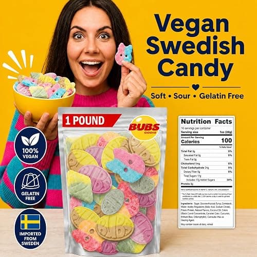 BUBS Swedish Candy Mix 1 lb - Authentic Sweet and Sour Swedish Gummies - Gelatin-Free Vegan Gummy Candy Assortment, Imported from Sweden - Foam Candy - Big Ovals, Dizzy Skulls, Tutti Frutti and More thumbnail 2