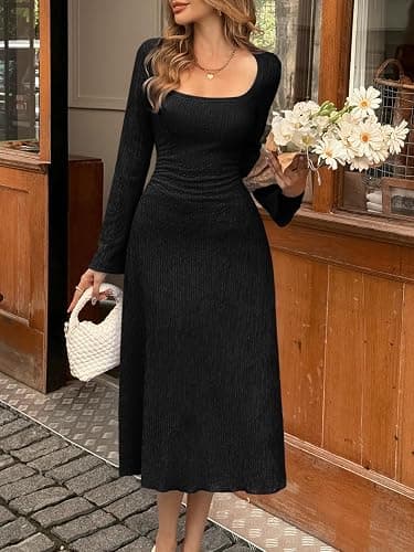 Cicy Bell Womens Sweater Dress Square Neck Maxi Dress Long Sleeve Tie Waist Fall Winter Wedding Guest Knit Midi Dresses thumbnail 6