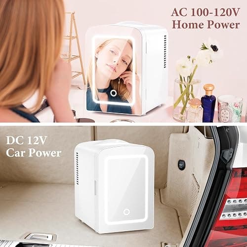Xbeauty Skincare Mini Fridge With Dimmable LED Mirror, 4L Mini Makeup Refrigerator for SkinCare, Cosmetics, Food & Drinks, Portable Small Refrigerator for Bedroom, Dorm, Car, Office, white - White thumbnail 6