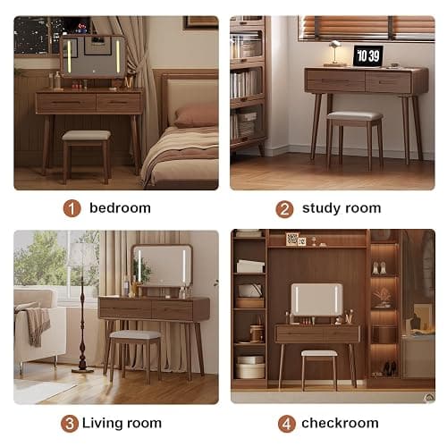 KungFuWood Solid Wood Vanity Desk with Mirror and 3 Lighting Modes,Makeup Vanity Adjustable Height with 3 Drawers,Easy Assemble Vanity Table,Dressing Table for Bedroom and Living Room thumbnail 4