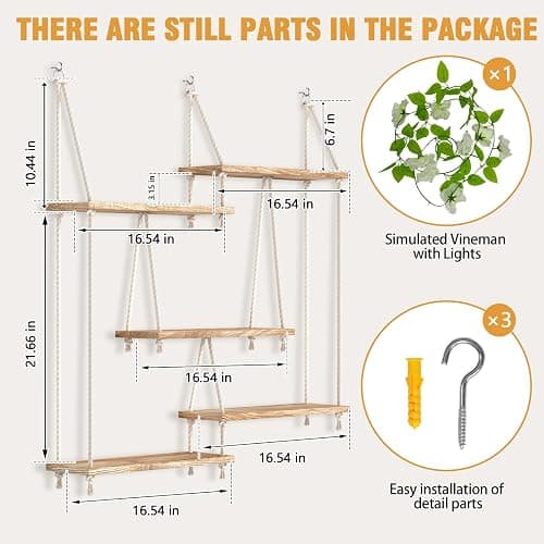 Hanging Shelf with Vine Lights 5 Tier Boho Plant Wall Shelf Floating Shelves Rope Rustic Wood Organizer Storage Hanger Rack for Wall Decor in Aesthetic Home Bedroom Kitchen (Five-tier rope rack) thumbnail 3