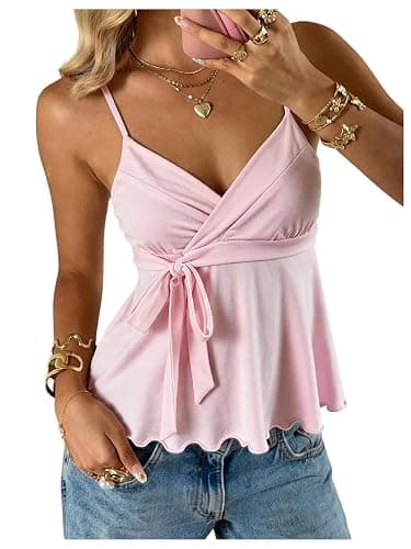 SOLY HUX Women's Babydoll Tops Sleeveless V Neck Peplum Crop Wrap Top Cute Summer Tie Front Camisole - Image 1