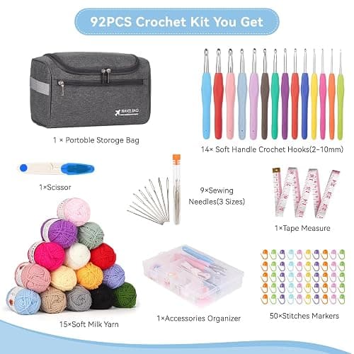 Reessy Crochet Kits for Beginners Adults, Complete Crochet Kit with 15Pcs × 25g Yarn Ergonomic Metal Crochet Hooks 2.0-10.0mm Storage Bag, Crochet Starter Kits for Adults Learn to Crochet- Grey thumbnail 3