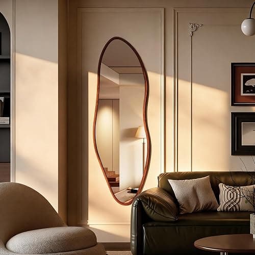 TheiaMo Irregular Full Length Mirror, 65"x22" Wooden Farmhouse Full Body Mirror, Large Asymmetrical Wall Mirrors for Living Room Entryway, Horizontal/Vertical, Walnut thumbnail 9