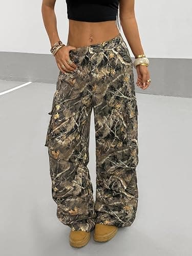 OYOANGLE Women's Camo Print Baggy Cargo Pants Elastic Waist Flap Pocket Straight Leg Trousers Streetwear thumbnail 4