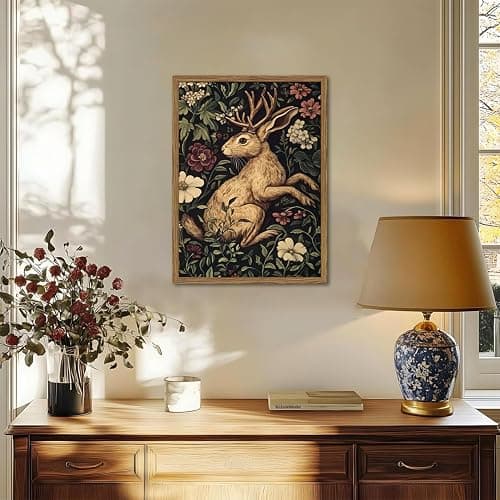 Vintage Rabbit Wall Art Whimsical Dark Cottagecore Jackalope Wall Decor Painting Moody Animal and Botanical Poster Canvas Print for Living Room Bedroom 12x16 inch Wood Framed thumbnail 5