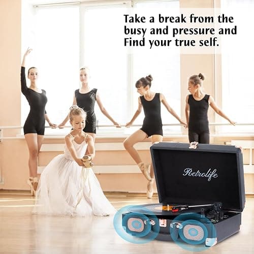 Retrolife® Record Player,3-Speed Bluetooth Suitcase Vinyl Player-Black | Built-in Stereo Speakers, Portable Turntable Plays 7/10/12" Records, 33/45/78 RPM, Bluetooth Streaming, RCA/Headphone Jack thumbnail 7