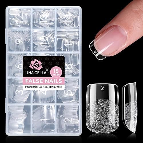 UNA GELLA Gel Nail Tips Square Short, 15 Sizes Short Square Press on Nails | Pre Etched 300pcs Soft Gel Fake Nails Full Cover for Nail Extension Home DIY Salon for Flat & Curved Nail Beds - Image 1