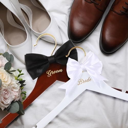 Beeveer 2 Pcs Bride Hanger for Wedding Dress Bride and Groom Wooden Wedding Dress Hanger Set with Bow Tie for Tuxedo Suit Gift Bridal Party Shower thumbnail 3