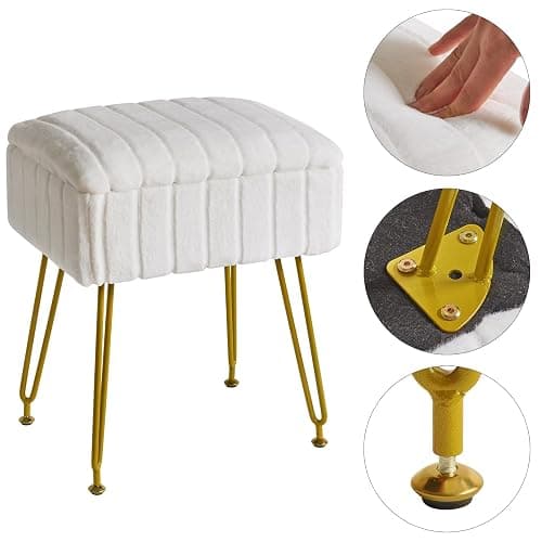 IBUYKE Stool Chair with Storage Space, Footrest Footstool Ottoman, Small Side Table, with 4 Metal Legs, with Anti-Slip Feet, for Makeup Room, Bedroom, Faux Fur, White L/G-50W thumbnail 7