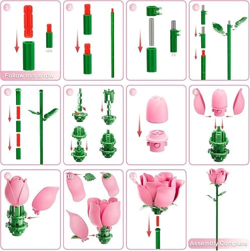 Pink Rose Bouquet Building Set,12Pcs Roses Artificial Flowers Botanical Collection Building Blocks Kit,DIY Rose Building Block Bouquet for Valentine’S Day,Mother’S Day,Home Office Decor (No Vase) thumbnail 7