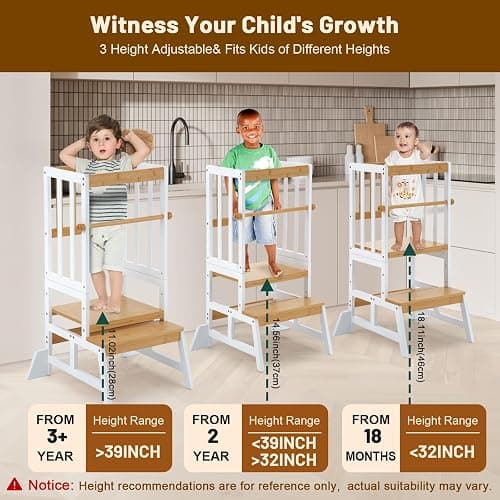 COSYLAND Height Adjustable Step Stool for Kids – Solid Bamboo Stool for Kitchen Counter, Compact & Sturdy (Wood & White) thumbnail 4