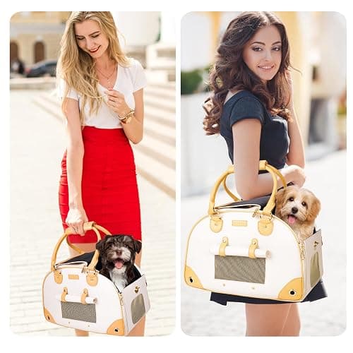 Johomviin Dog Carrier, Cat Carrier, Pet Carrier, Foldable Premium PU Leather Dog Purse, Portable Tote Bag Carrier for Small to Medium Cats and Small Dogs（Creamy White -Medium） thumbnail 5