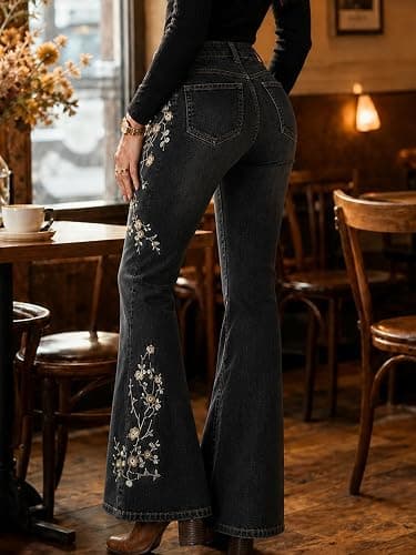 Women Bell Bottom Jeans Stretchy Flare Mid Rise Embroidery Vintage Denim Pants 90s Outfits Y2k Clothes thumbnail 3