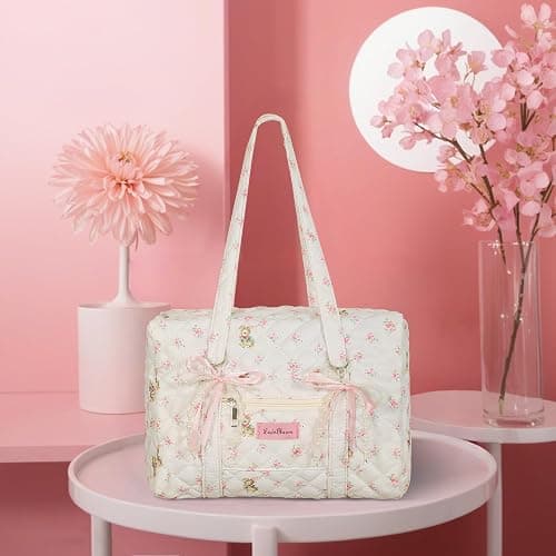 Coquette Tasche mit Schleife, Schlüsselanhänger, Weiß / Rosa, Blumenmuster, Reisetasche, für Damen, Sweetly Bunny Handtasche, niedlich, gesteppt, Puffertasche, Schultertasche, Handgepäcktasche für thumbnail 3