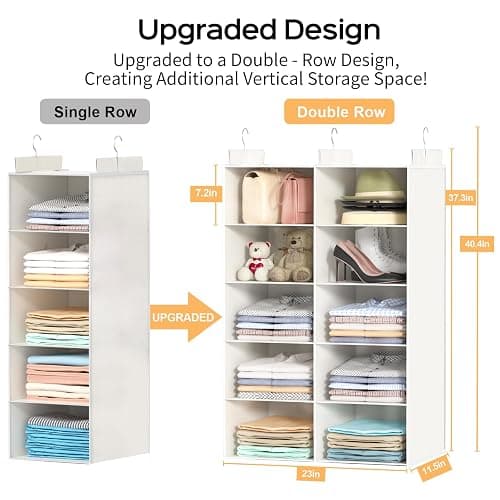 ALLTIDYUP White 5-Tier Hanging Closet Storage Organizer - Space-Saving Dual-Row Foldable Shelves with 3 Hooks, Wardrobe Organizer for Dorm, Bedroom, Clothes and Accessories thumbnail 2