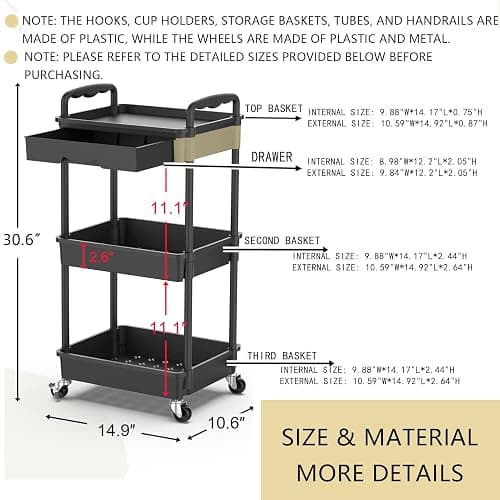 Goovilla 3 Tier Rolling Utility Cart Organizer with Removable Drawer, Stable and Sturdy Black Rolling Storage Carts with 2 Lockable Wheels for Bathroom, Kitchen, Snack, Craft, Makeup, Baby Essentials thumbnail 8
