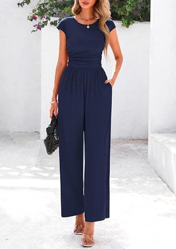PRETTYGARDEN Summer Jumpsuits for Women Dressy Casual | Soft Ribbed Fabric, Crewneck Cap Sleeve, Back Zipper, Pockets, Wide Leg Pants Rompers, One Piece Outfits, Work Office Clothes thumbnail 8