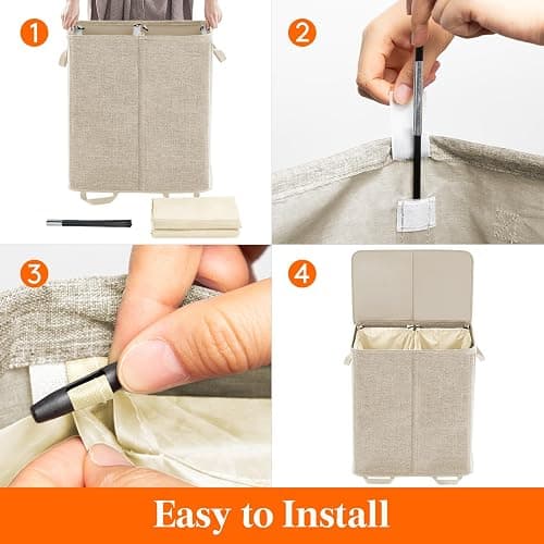 Lifewit Double Laundry Hamper with Lid and Removable Laundry Bags, Large Collapsible 2 Dividers Dirty Clothes Basket with Handles for Bedroom, Laundry Room, Closet, Bathroom, College, 136L Beige thumbnail 5