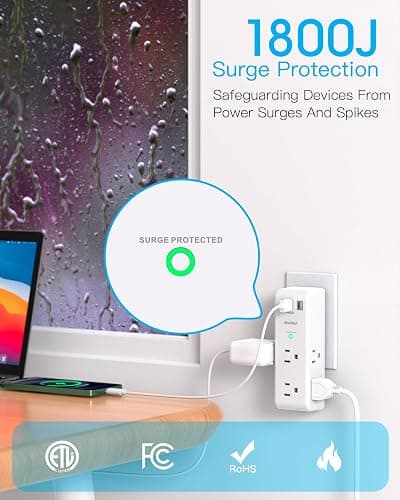 NIGHTSTAND | Amazon | Surge Protector Outlet Extender - with Rotating Plug, 6 AC Multi Plug Outlet with 3 USB Ports (1 USB C), 1800J Wall Charger, 3-Sided Power Strip with Spaced Outlet Splitter for Home, Office, Travel - 1C2A, 1 Pack - White thumbnail 7