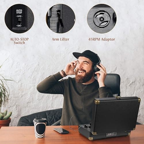 Retrolife® Vinyl Record Player with Speakers, Bluetooth Vinyl Player-Black | Portable, 3-Speed BT Turntable, Belt-Driven, RCA Line Out & Headphone Jack, Auto Stop, Plays 7/10/12" Records, 33/45/78 RPM thumbnail 6
