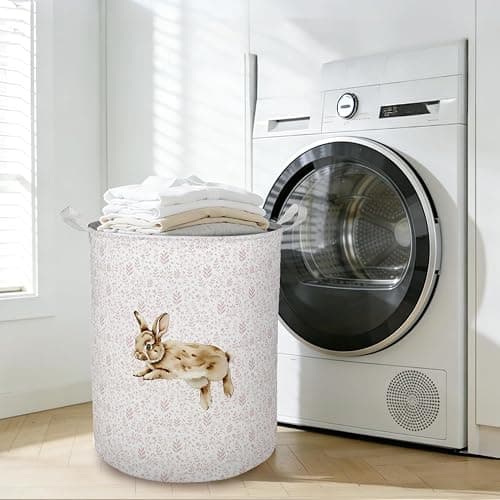 TAZSWDMM Pink Floral Bunny Laundry Basket Hamper, Bunny Nursery Decor, Pastel Wildflower Rabbit Foldable Clothes Toys Books Storage Box Bins Baskets Organizer for Girls Kids Bedroom Bathroom thumbnail 6