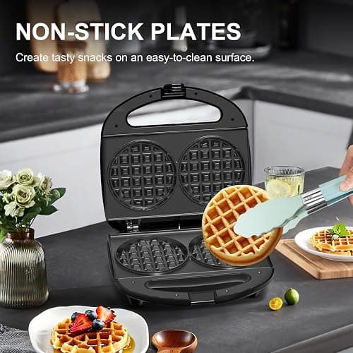 YASHE Double Mini Waffle Maker, Non-Stick Waffle Machine,Cast iron waffle maker, Automatic Temperature Control, Cool Touch Handle thumbnail 3