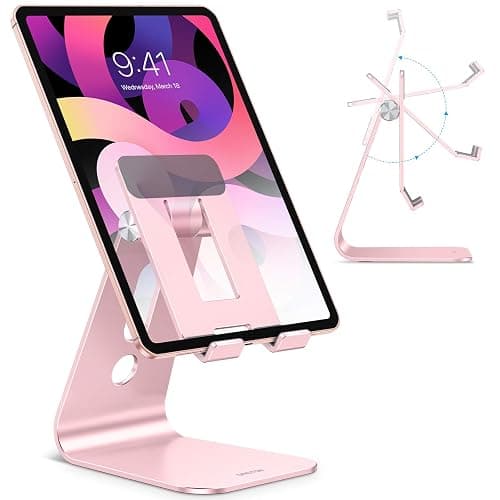 OMOTON Adjustable Tablet Stand for Desk, Upgraded Longer Arms for Greater Stability, T2 Tablet Holder with Hollow Design for Bigger Sized Phones and Tablets Such as iPad Pro/Air/Mini, Rose Gold - Image 1