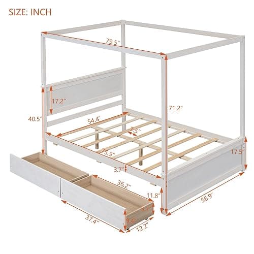 CITYLIGHT Canopy Bed Full Size with Drawers for Storage, Solid Wood Platform Bed with Headboard and 4 Poster, Brushed White thumbnail 2