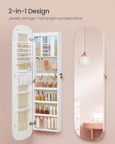SONGMICS Jewelry Organizer, LED Jewelry Cabinet Wall/Door Mounted, Lockable Rounded Wide Mirror with Storage, Interior Mirror, 3.9 x 16.5 x 55 Inches, White Surface with Greige Lining thumbnail 5