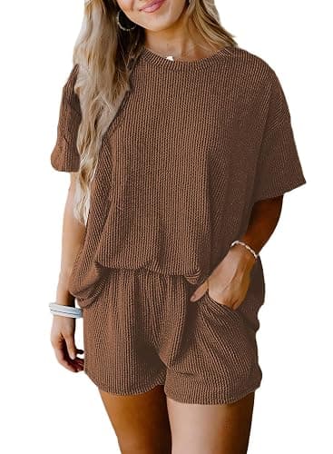 SHEWIN Two 2 Piece Sets for Women Short Sleeve Shirts High Waisted Shorts with Pockets Pajamas Lounge Matching Set - Image 1