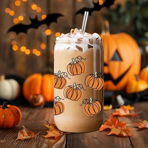 LEADO Pumpkin Cup - Fall Gifts, Halloween Glass Cup, Fall Basket Stuffers | Pumpkin, Birthday, Fall Gifts for Women, Adults, Halloween Boo Basket, Halloween Iced Coffee Cup, 16 oz Thanksgiving Tumbler thumbnail 5