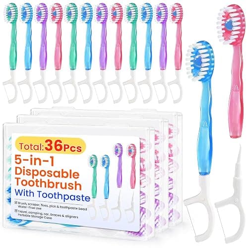 36 Pack 5-in-1 Mini Disposable Toothbrush, WaterlessToothbrushes (Mint) | Disposable Toothbrushes with Toothpaste, Floss, Tongue Scraper & Toothpick, Ideal for Travel, Work, Hotel - Image 1