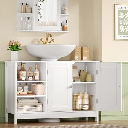 TEENFON 35.4" Pedestal Sink Storage Cabinet with 2 Doors and Adjustable Shelves, Bathroom Sink Cabinet, Under Sink Storage with U-Shape Cut-Out, White thumbnail 4