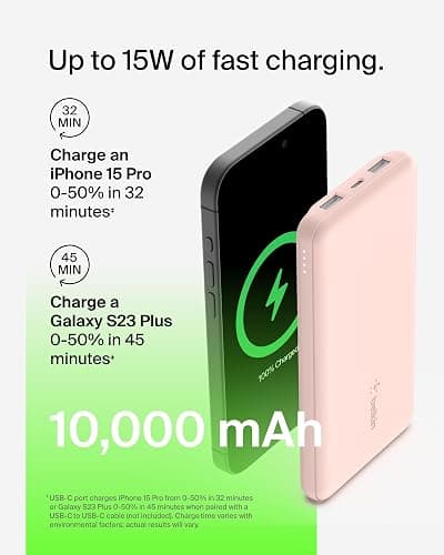Belkin 10000mAh portable power bank, 10K USB-C portable charger with 1 USB-C port and 2 USB-A ports, battery pack for up to 15W charging for iPhone, Samsung Galaxy, AirPods, iPad, and more - Rose Gold thumbnail 5