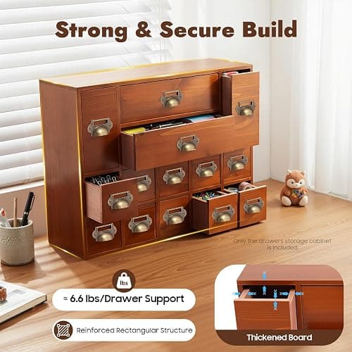 Armoire de rangement avec 14 tiroirs - Organiseur de tiroir de table - En bois vintage - 3 tailles différentes thumbnail 5