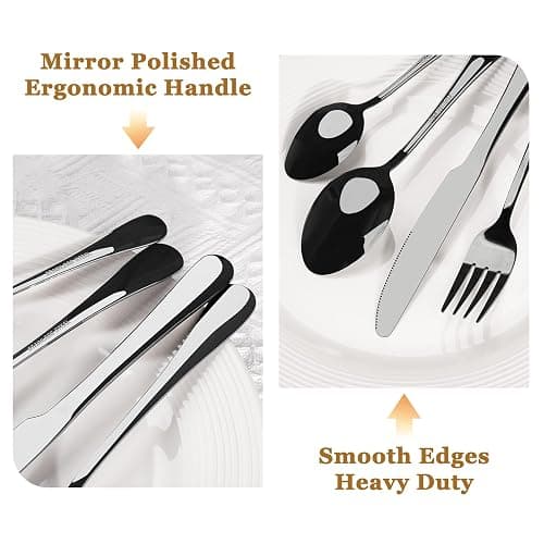 Astercook Silverware Set 48-Piece Black Flatware Set with Steak Knives Food-Grade Stainless Steel Cutlery Set for 8 Mirror Polished Utensils Set Include Spoons and Forks for Home Kitchen Restaurant thumbnail 5